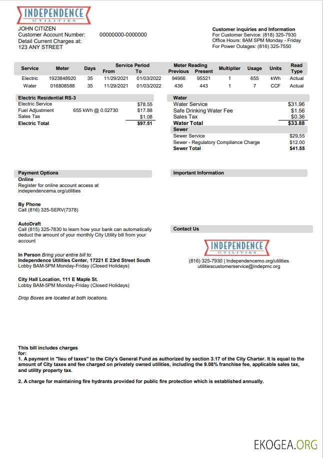 USA Missouri Independence Utilities utility bill template in Word and PDF format, version 2